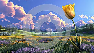 Yellow tulip blossom in a vibrant meadow, surrounded by nature
