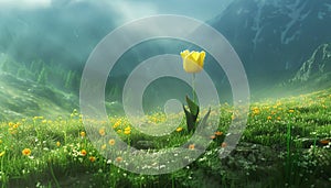 Yellow tulip blossom in a vibrant meadow, surrounded by nature