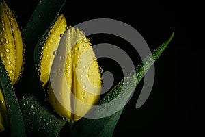 Yellow tulip flowers in bloom with water drops close up still on a black background on a funeral flower decoration