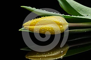 Yellow tulip and water drops on black background