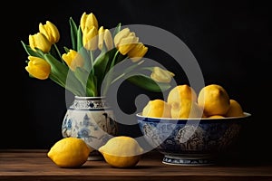 Yellow tulips lemon fruit. Generate Ai