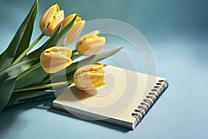 Yellow tulips and a light blue background with a notepad, in the style of understated elegance