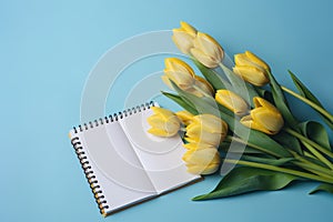 Yellow tulips and a light blue background with a notepad, in the style of understated elegance