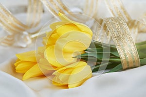 Yellow tulips, perfume and gold ribbon