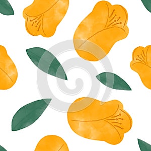 Yellow tulips seamless pattern in watercolor style