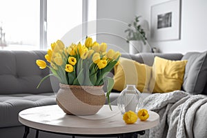 Yellow tulips vase room. Generate Ai