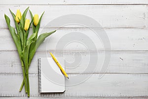 Yellow tulips on white wooden boards