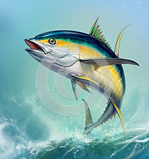 Yellow tuna. black fin yellow tuna on white.