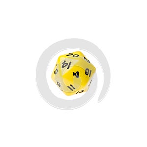 Yellow twenty sided dice for board games