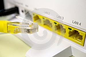 Yellow twisted pair patch cord for Internet router white, and yellow