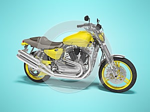 Yellow two seat motorcycle isolated right side view 3d render on blue background with shadow