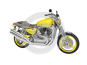 Yellow two seat motorcycle isolated right side view 3d render on white background no shadow