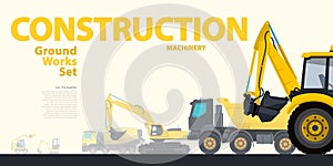 Yellow typography set of ground works machines vehicles. Excavator - construction equipment.