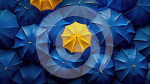 The yellow umbrella among blue.AI generated image
