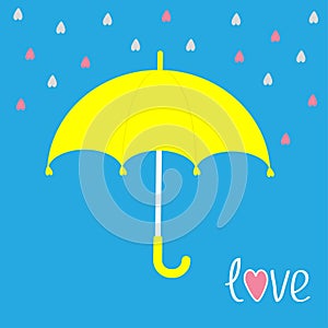 Yellow umbrella. Rain in shape of hearts. Love card.