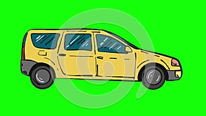 Yellow universal car moving animation isolated on green screen, looped comic cartoon animation