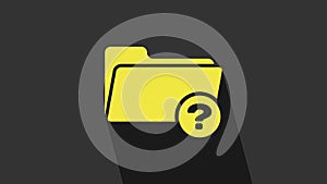 Yellow Unknown directory icon isolated on grey background. Magnifying glass and folder. 4K Video motion graphic