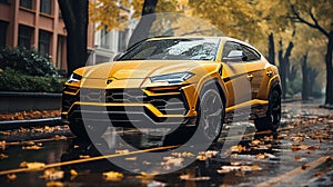 yellow Urus Lamborghini in rain