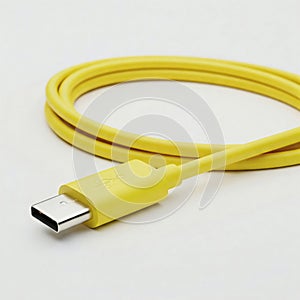 Yellow USB cable isolated on white background, close-up image.