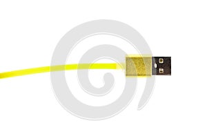 Yellow usb connector cable on white isolated background. Horizontal frame