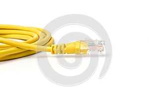 Yellow UTP LAN cable on white background