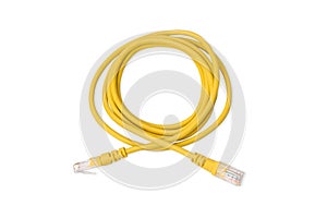 Yellow UTP LAN cable on white background