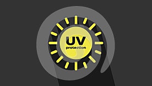 Yellow UV protection icon isolated on grey background. Ultra violet rays radiation. SPF sun sign. 4K Video motion