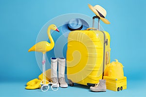 yellow vacation summer inflatable blue travel suitcase flamingo concept sunglasses background. Generative AI.