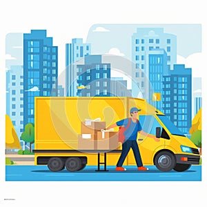 Yellow van against the background of the city. Delivery of goods to your home. Courier unloads cardboard boxes