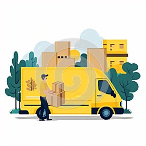 Yellow van against the background of the city. Delivery of goods to your home. Courier unloads cardboard boxes