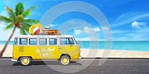 Yellow van on the journey. Beach with palm tree in background