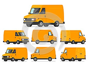 Yellow van set. Truck for transportation of goods. Vehicle for d