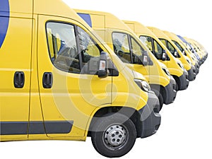 Yellow vans lined up and parked in a long row isolated on white background. Delivery trucks fleet