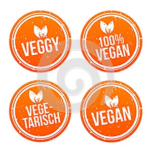 Yellow vegan Badge Set. German-Translation: Vegan Button und Vegetarisch Banner Set.