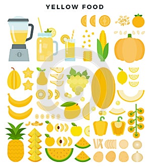 Yellow vegetables, fruits and juices, flat icon set. Vector illustration.