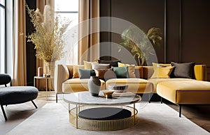 Yellow velvet corner sofa with colorful pillows against dark classic panel wall. Round golden coffee table against window. Art