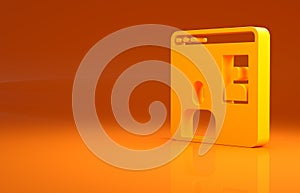 Yellow Video chat conference icon isolated on orange background. Computer with video chat interface active session on