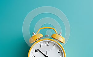 Yellow vintage alarm clock on green color background