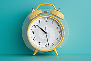 Yellow vintage alarm clock on light green color background