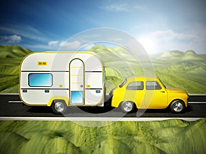 Yellow vintage car on the road with caravan. 3D illustration