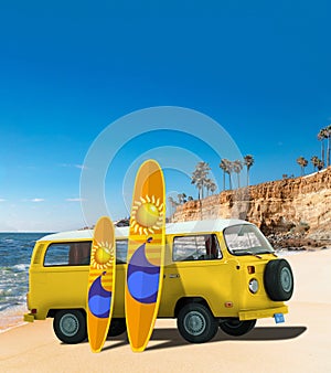 Yellow Vintage, Retro, Old-fashioned mini bus van camper VW T2 with surfboard on beach, cliff, palm tree