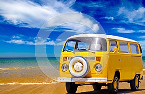 Holidays Summer Travel, Yellow Vintage Van, Sand Beach Coastline photo