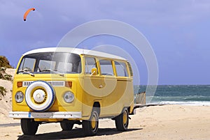 Yellow Van - Vintage, Sand Beach, Water, Holidays