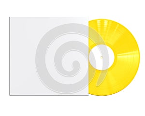 Yellow Vinyl Disc Record with White Cover Sleeve and Label Isolated on White Background.