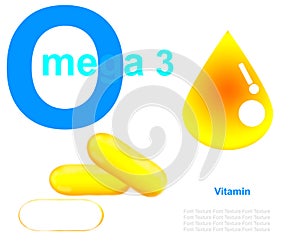 Yellow vitamin omega3 fish oil capsule on white background text