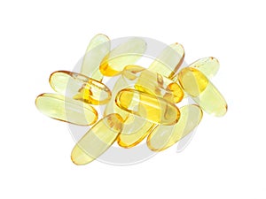 Yellow vitamin omega3 fish oil capsule on white background