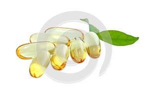 Yellow vitamin omega3 fish oil capsule on white background