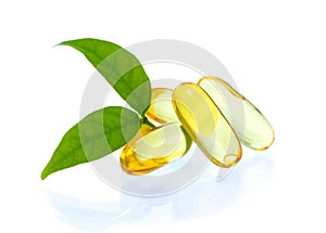 Yellow vitamin omega3 fish oil capsule on white background