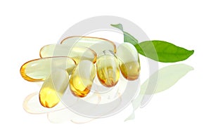 Yellow vitamin omega3 fish oil capsule on white background