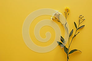 A yellow wall adorned with vibrant flowers, A minimalist composition featuring a solid yellow background